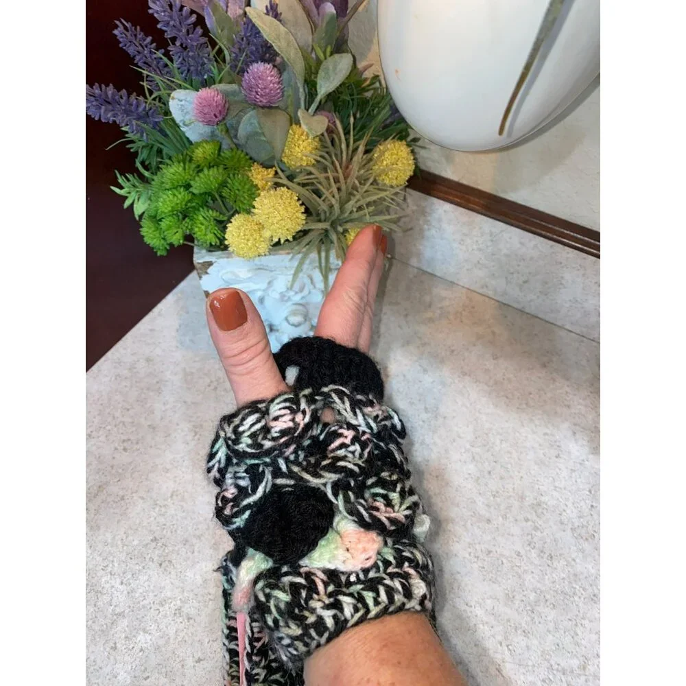 Handmade Hand Knit Black Multi 80’s Print Yarn Knit Hand Warmers Fingerless Glov
